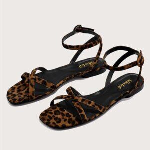 miss left Leopard Velvet Crisscross Strap Open Toe Ankle Strap Buckle Sandal
